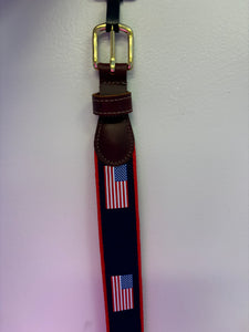 Children's Cotton Web Belt with Leather Tabs and Ribbon- Flag on Red