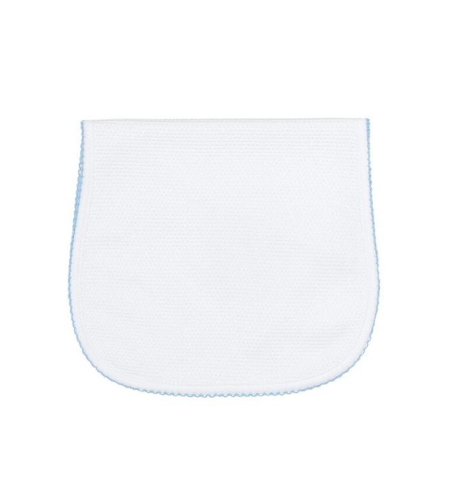White Bubble Baby Burp Cloth Blue Picot Trim