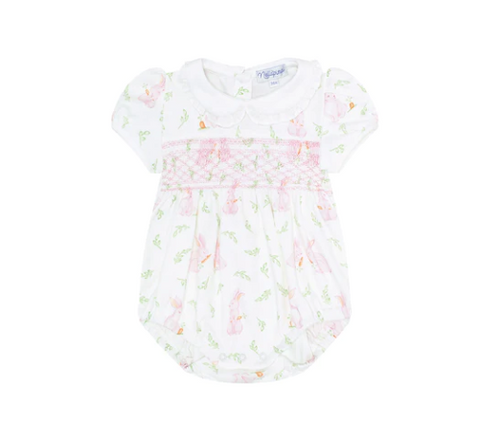 Pink Bunny Print Smocked Bubble