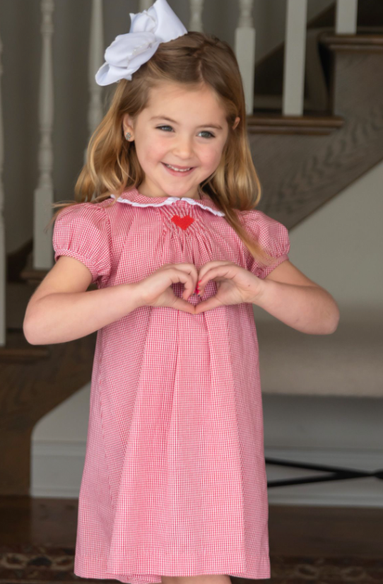 *PRE SALE* Sage Smocked Dress (Red Gingham Heart Smocked Dress)