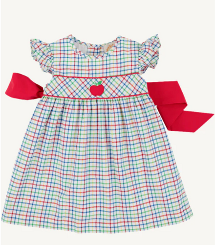 Addie Angel Sleeve Dress Kindness Wins Windowpane with Richmond Red and Apple Applique