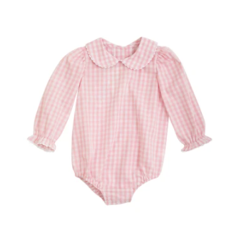 Maudes Peter Pan Collar Shirt (long sleeve woven) Sandpearl pink gingham with Ric Rac