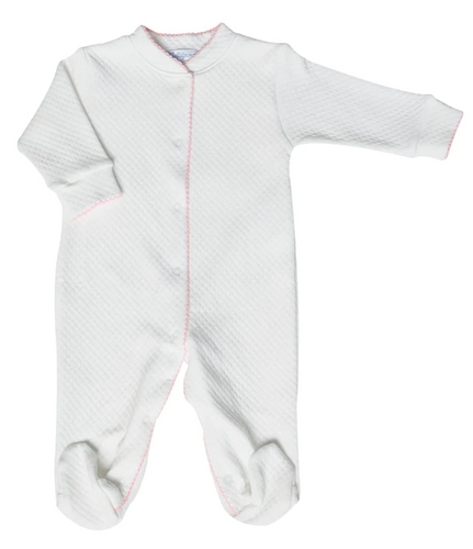 White Bubble Baby Footie Pink Picot trim