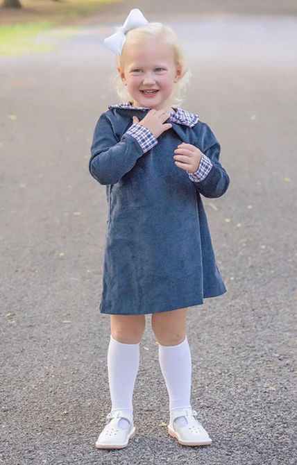 Amelia Dress Navy Cord with blue plaid cuffs and collar