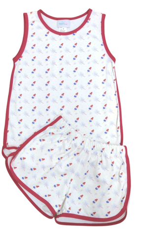 Tank/Short Lounge Set Patriotic Pima Short Set with Red Piping